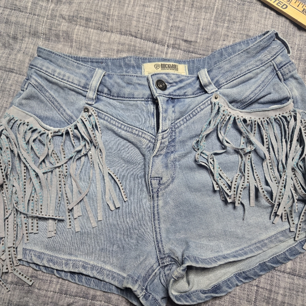 Western Denim High-Rise Fringe Jean Shorts – W28, By Rock&Roll